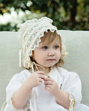 Load image into Gallery viewer, Heirloom Bonnets for Baby Girls or Boys in White or Ecru Comes w/ Rosette and Tie or Button w/ Tie