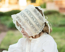 Load image into Gallery viewer, Heirloom Bonnets for Baby Girls or Boys in White or Ecru Comes w/ Rosette and Tie or Button w/ Tie