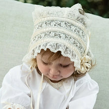 Load image into Gallery viewer, Heirloom Bonnets for Baby Girls or Boys in White or Ecru Comes w/ Rosette and Tie or Button w/ Tie