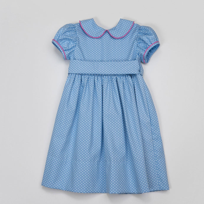 Little Girls Blue Dot Puffed Sleeve Dress with Belt / Jane Bodice Dress with Belt