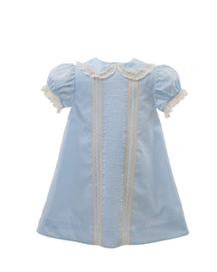 Heirloom  Little Girls Blue A-Line Dress - Fancy Front A-Line Dress in Blue w/ Ecru Lace