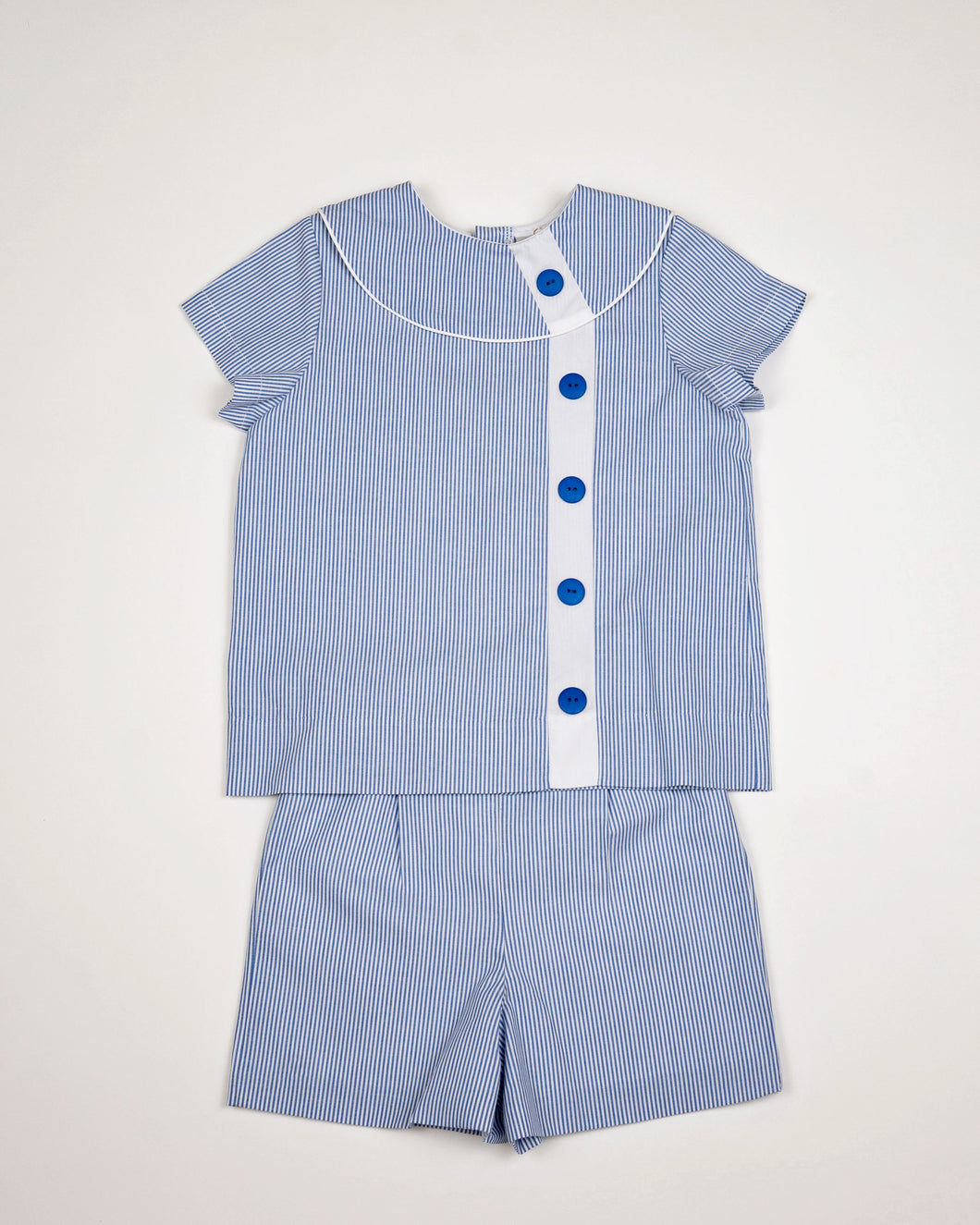Little Boys Blue Striped Suit - Edward Overblouse Suit in Blue Stripe with White Insert