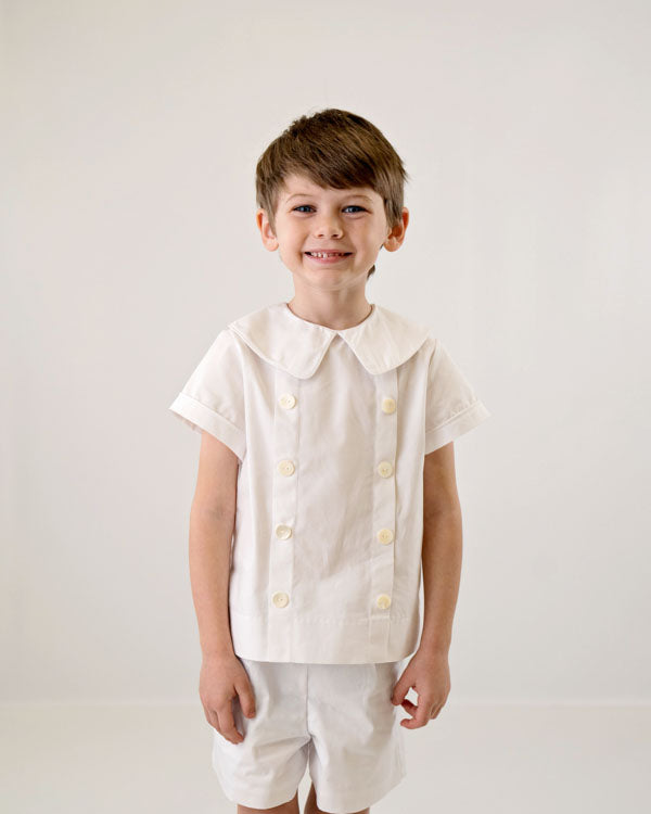 Heirloom Little Boys White Short Set - Boy's Double Breasted Short Set in White