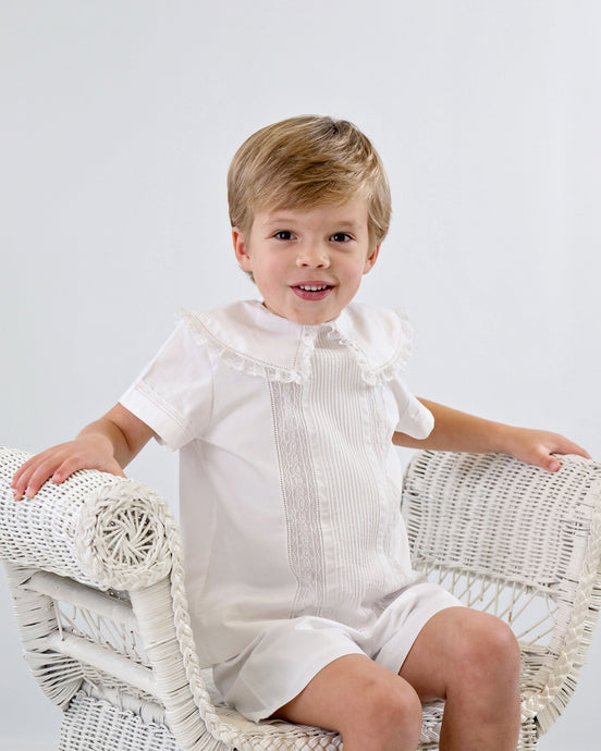 Heirloom Little Boys White Short Set - Boy's Fancy Front Short Set in White w/ White Lace