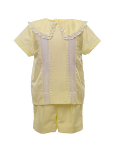 Heirloom Little Boys Dress Shirt - Boy's Fancy Front Short Set in Yellow w/ White Lace