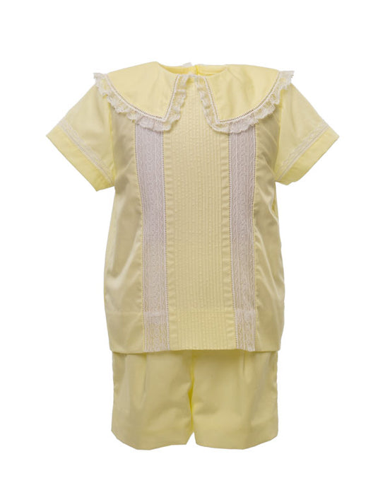 Heirloom Little Boys Dress Shirt - Boy's Fancy Front Short Set in Yellow w/ White Lace