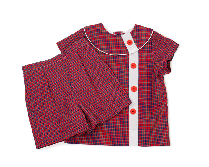Little Boys Tarten Red Overblouse Suit - Edward Overblouse Suit in Tartan Red Plaid with White Insert and Straight Shorts
