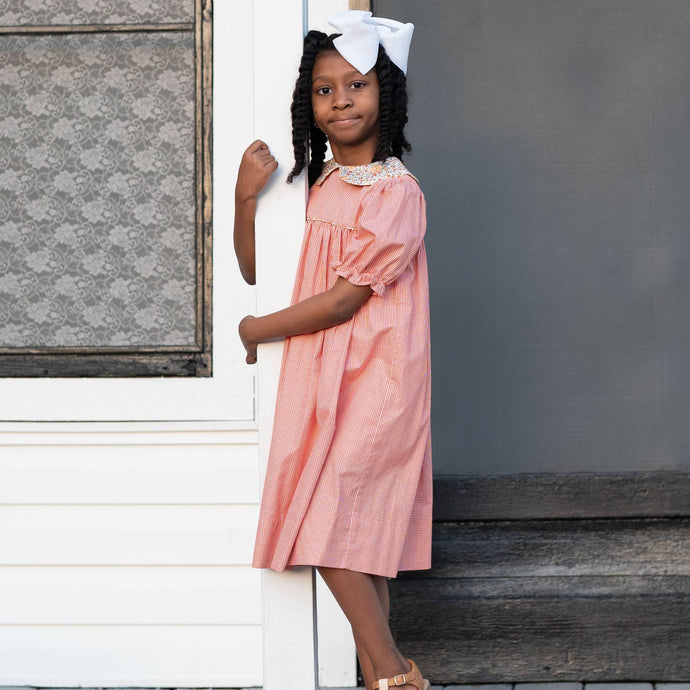Little Girl Fall Gingham Dress - Rebecca Dress in Paprika gingham with Floral Collar