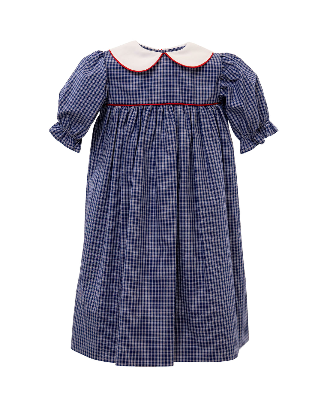 Little Girls Royal Blue Dress with Red Piping - Rebecca Dress in Royal Blue Plaid Pastel with Red Piping