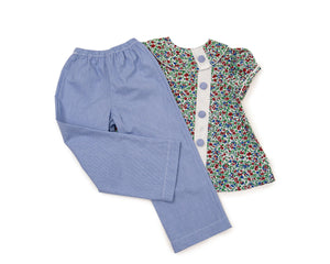 Little Girls Blue and Red Set - Chaney Set in Blue/Red Floral Print with Blue Micro-check Pant