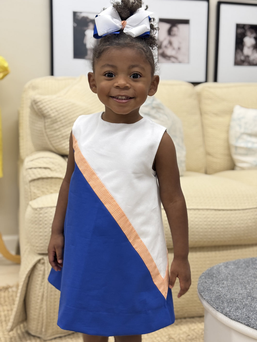 Team Girls Blue and White w/Orange Check Trim Lined Dress