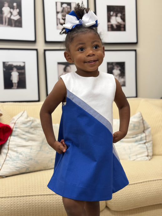 Team Girls Blue and White w/Blue Check Trim Lined Dress