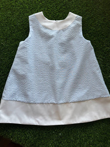 Camilla Sleeveless Blue Seersucker Dress w/Contrast Neck and Bottom Band