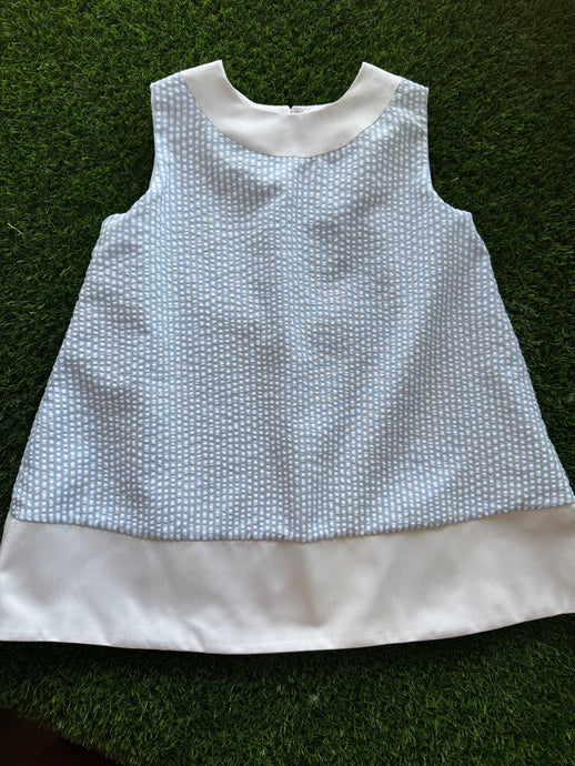Camilla Sleeveless Blue Seersucker Dress w/Contrast Neck and Bottom Band