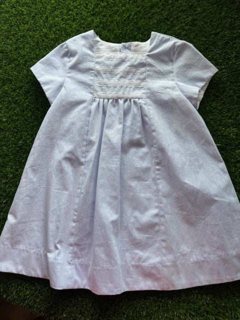 Milly A-line Dress in Blue Chambray w/Front Yoke Insert and Lace trim on Sleeves
