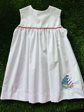 Load image into Gallery viewer, Bethany White Sleeveless Yoke Dress with Red Piping w/Sailboat Applique