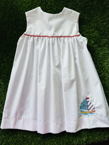 Bethany White Sleeveless Yoke Dress with Red Piping w/Sailboat Applique