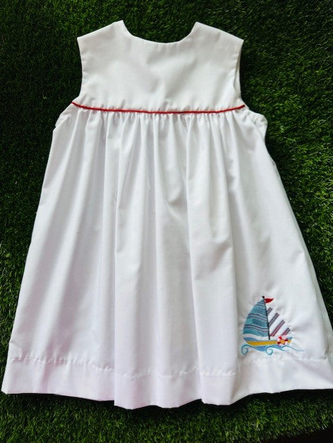 Bethany White Sleeveless Yoke Dress with Red Piping w/Sailboat Applique