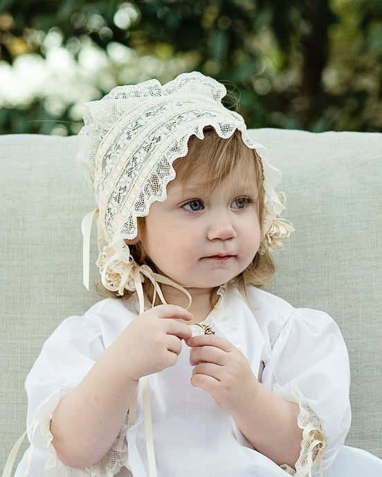 Heirloom Bonnets for Baby Girls or Boys in White or Ecru Comes w/ Rosette and Tie or Button w/ Tie