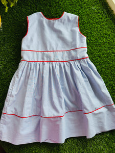 Somer Sleeveless Blue Pinstripe Dress with Red Piping Trim