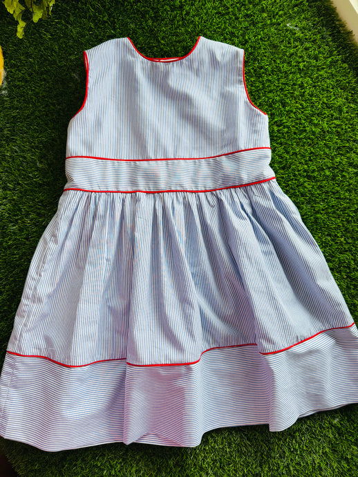 Somer Sleeveless Blue Pinstripe Dress with Red Piping Trim