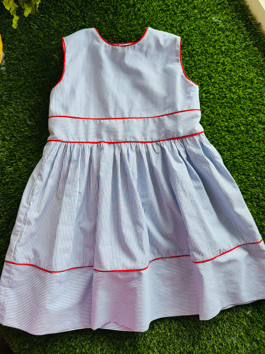 Somer Sleeveless Blue Pinstripe Dress with Red Piping Trim
