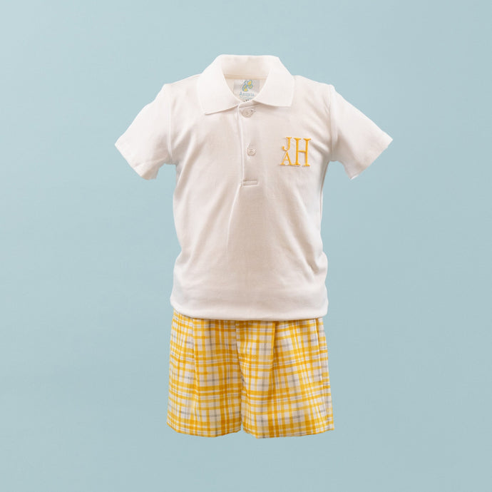 Little Boys Yellow and Grey  Shorts and Polo with his monogrammed initials - Parker Multiplaid Shorts and  Polo with his monogrammed initials