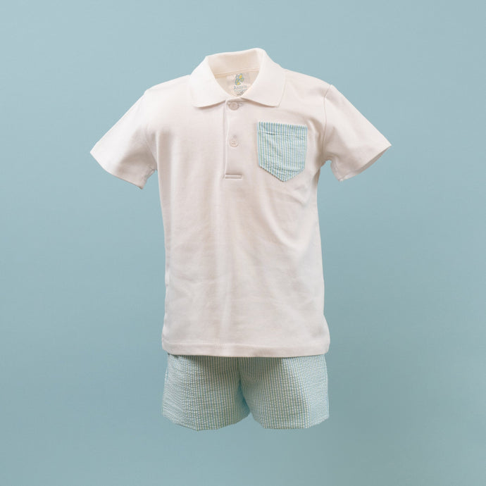 Little Boys Mini Stripe Seersucker Shorts w/Matching Polo - Parker Mini Striped Seersucker Shorts with Matching Polo