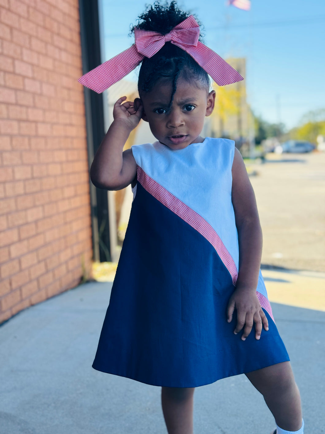 Team Girls Blue and White w/Orange Check Trim Lined Dress