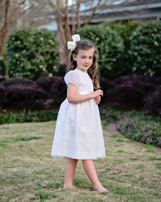 Heirloom Girls Silk Organza Dress in White w/Puffed Sleeves