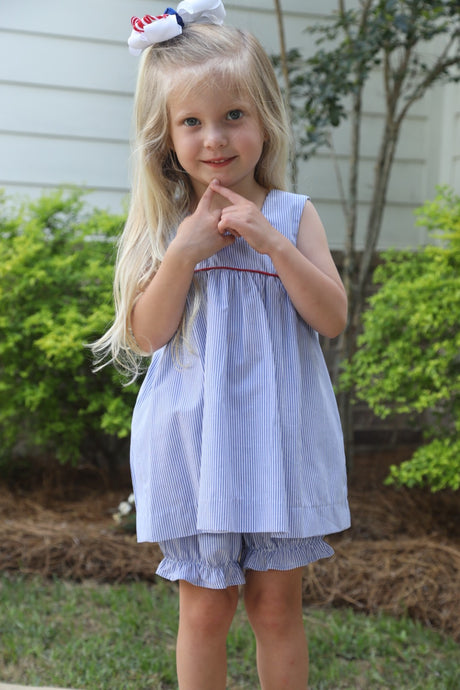 Little Girls Blue Stripe Tie Back Top w/Blue Stripe Ruffle Bloomers - Whitney Little Girl's Tie Back Top with Matching Bloomers.