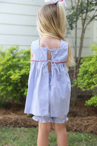 Little Girls Blue Stripe Tie Back Top w/Blue Stripe Ruffle Bloomers - Whitney Little Girl's Tie Back Top with Matching Bloomers.