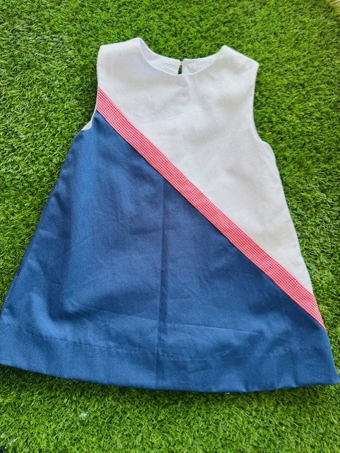 Team Girls Blue and White w/Red Check Trim Lined Dress