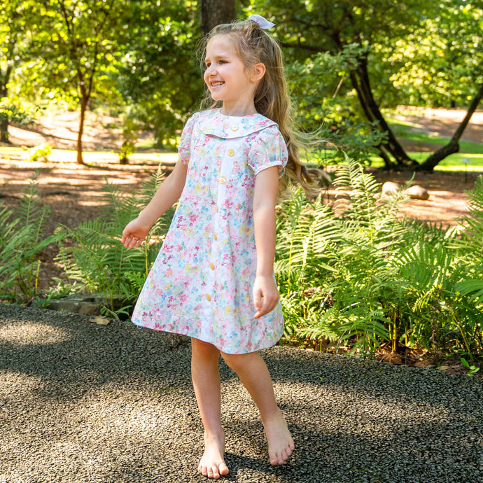 Little Girls Blossom Floral Dress - Mary Ryan Apron Dress in Blossom Floral with White Insert