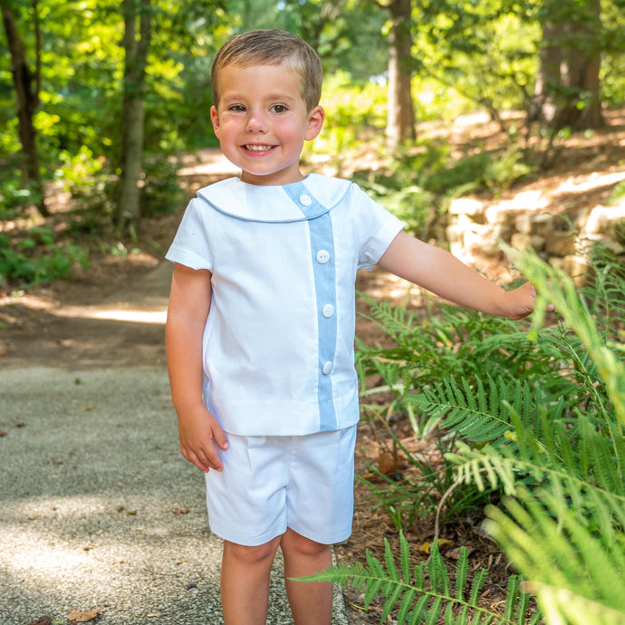 Little Boys White Outfit - Edward Overblouse Suit in White Pique with Blue Insert