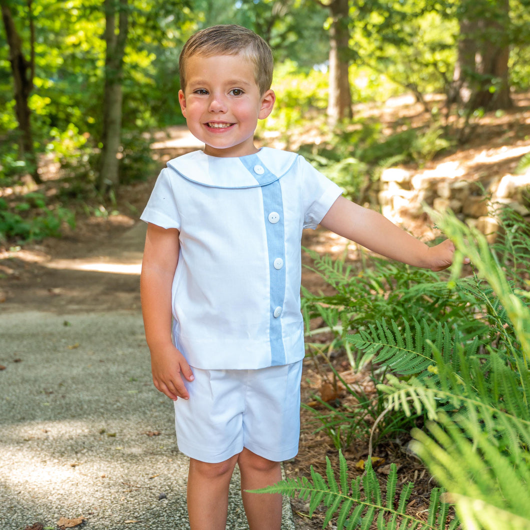 Edward Overblouse Suit in White Pique with Blue Insert