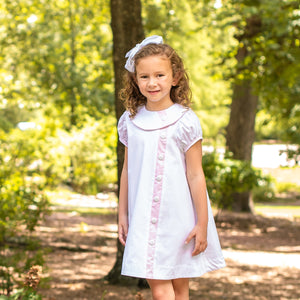 Mary Ryan Apron Dress in White Pique with Pink Insert