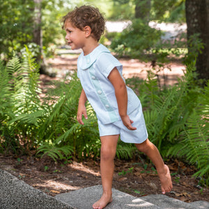 Edward Overblouse with Shorts in White Pique with Aqua Insert