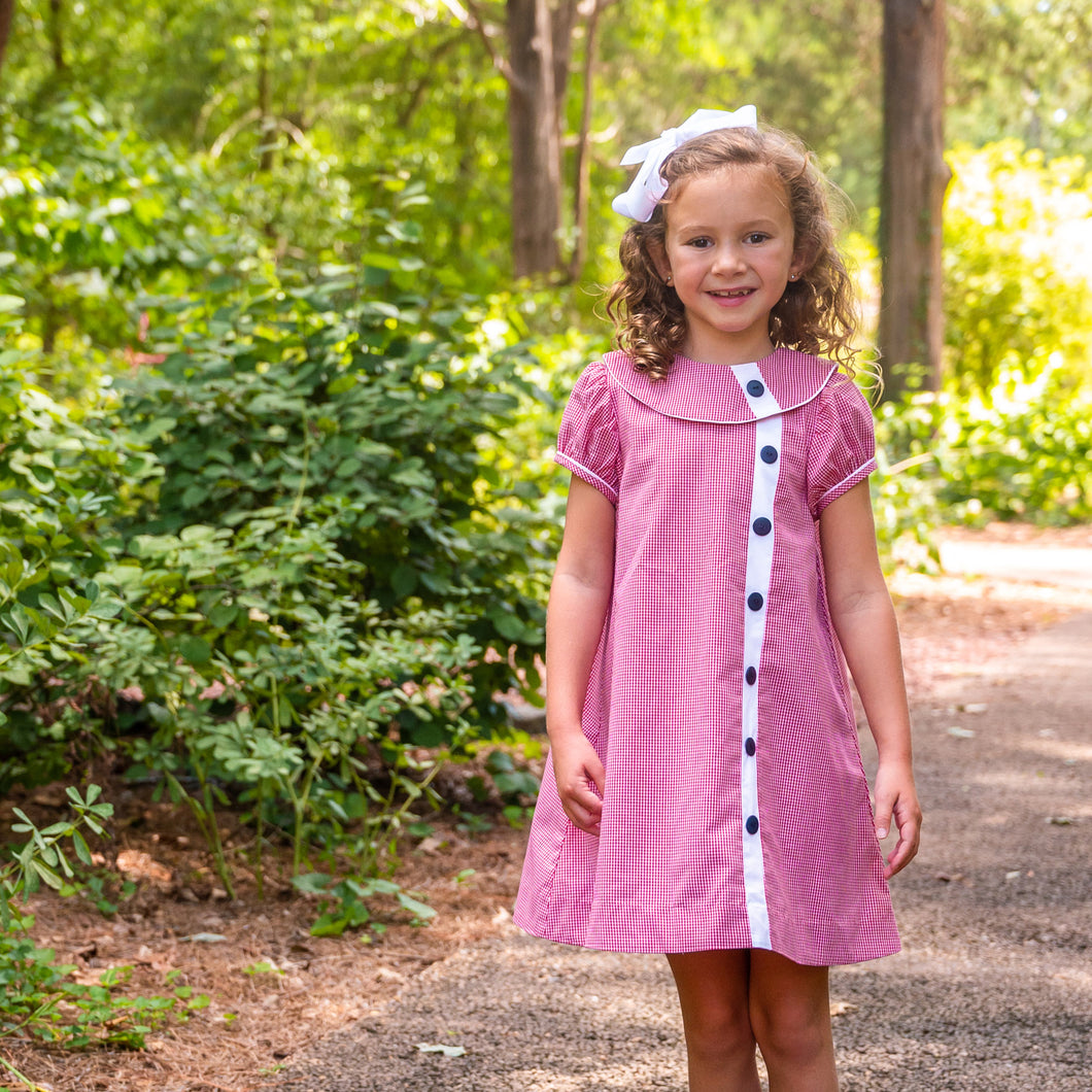 Mary Ryan Apron Dress in Berry Check with White Insert