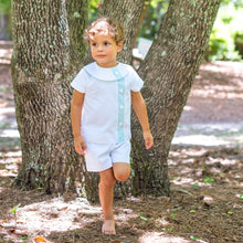 Load image into Gallery viewer, Little Boys Overblouse Outfit - Edward Overblouse Suit in White Pique with Aqua Insert