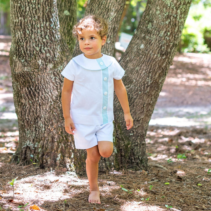 Edward Overblouse with Shorts in White Pique with Aqua Insert