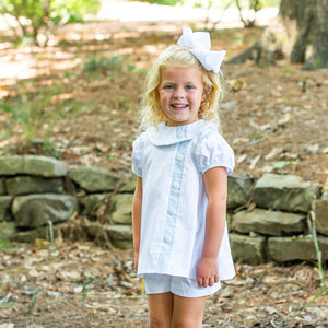 Baby Girls White Outfit - Louise Swing Top Set with Short in White Pique with Aqua Chambray Insert