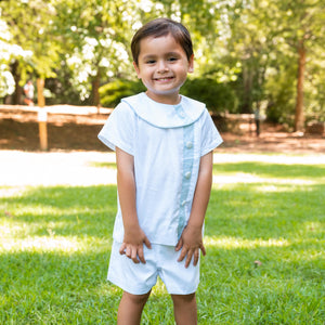 Edward Overblouse Suit in White Pique with Blue Insert