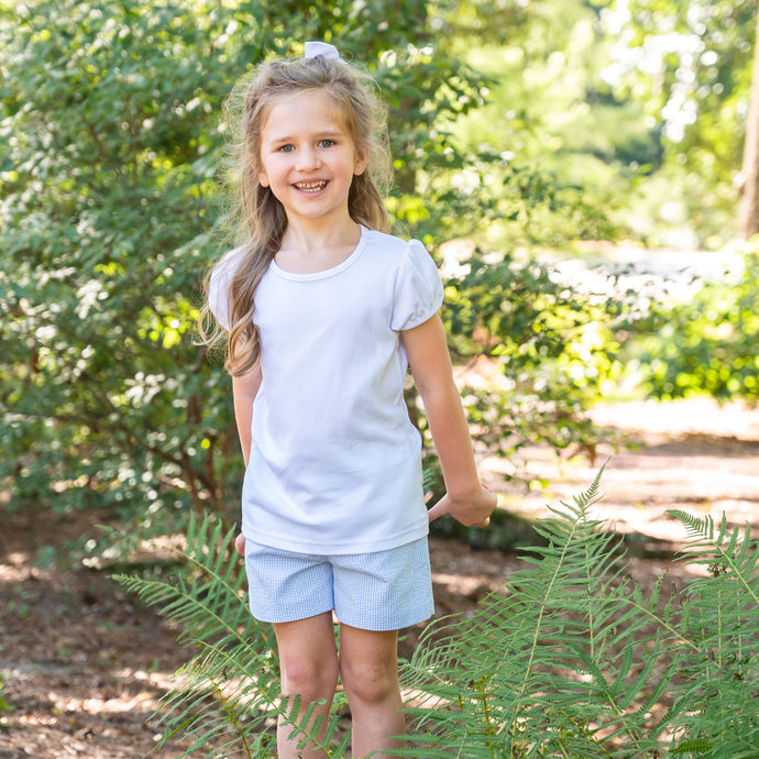 Little Girls Blue Seersucker Shorts - Helen Straight Short in Blue Seersucker