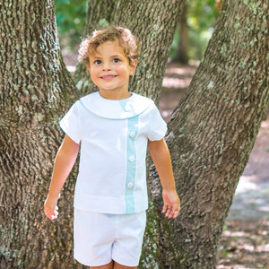 Little Boys Overblouse Outfit - Edward Overblouse Suit in White Pique with Aqua Insert