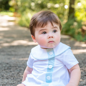 Walker Apron Set in White Pique with Aqua Insert