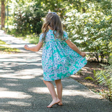 Load image into Gallery viewer, Little Girls Aqua Floral Dress - Ann Scott Yoke Dress in Aqua Primrose Floral