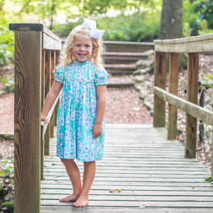Little Girls Aqua Floral Dress - Ann Scott Yoke Dress in Aqua Primrose Floral