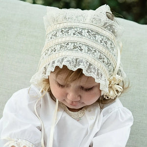 Heirloom Bonnets for Baby Girls or Boys in White or Ecru Comes w/ Rosette and Tie or Button w/ Tie