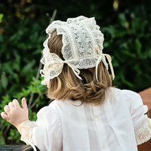 Load image into Gallery viewer, Heirloom Bonnets for Baby Girls or Boys in White or Ecru Comes w/ Rosette and Tie or Button w/ Tie
